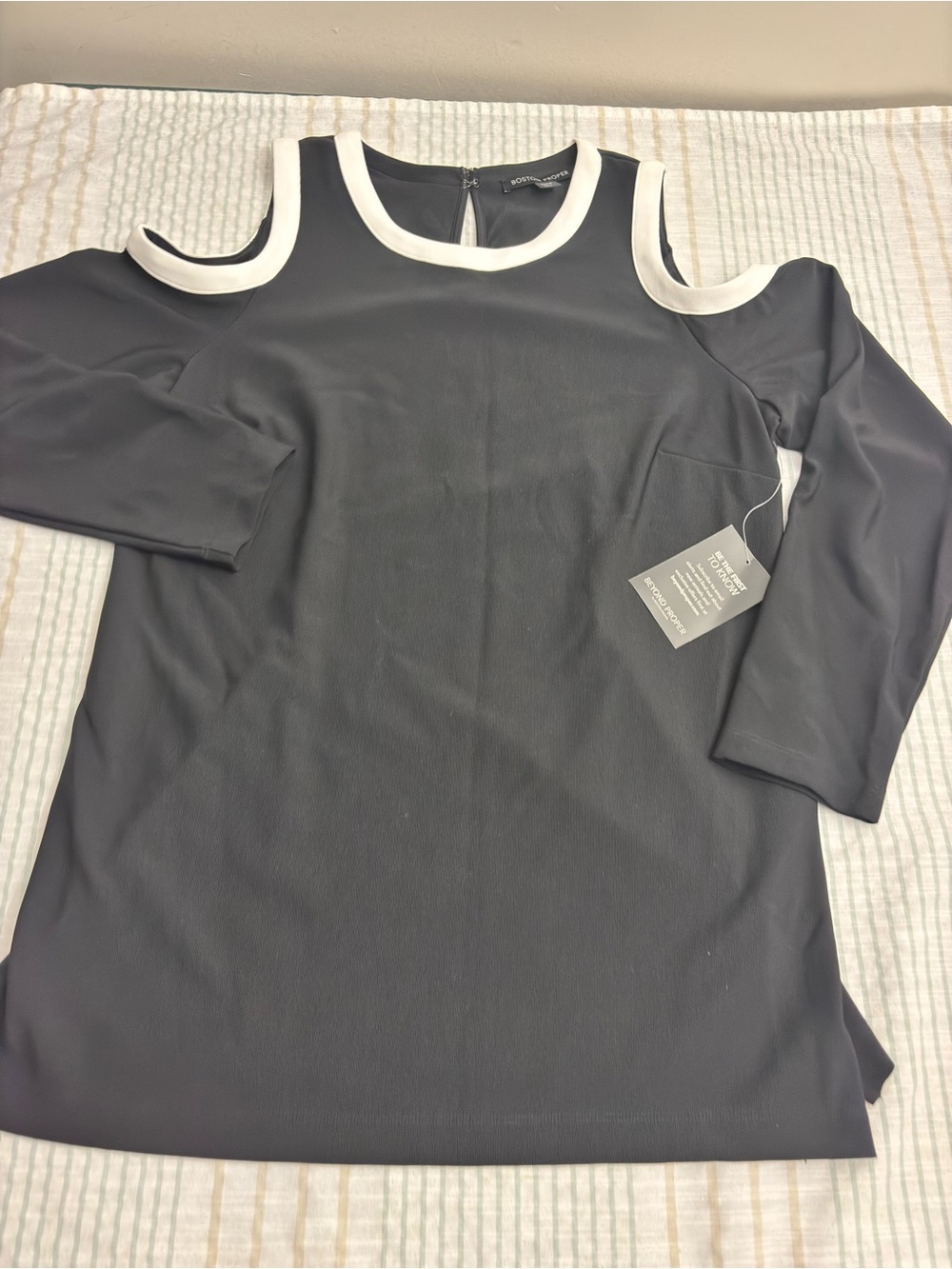 Boston Proper Black Cold-Shoulder Top with Cream Trim
